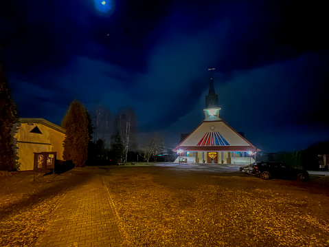 Czestochowa, Poland, February 15, 2024: Church of Saint Faustina in Czestochowa, Poland. View from outside at night.