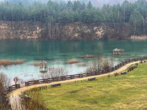 Photo of Park Grodek in Jaworzno in Poland during rainy weather, i.e. Polish Maldives (developed area of former quarries).