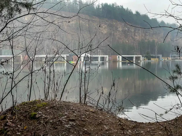 Photo of Park Grodek in Jaworzno in Poland during rainy weather, i.e. Polish Maldives (developed area of former quarries).