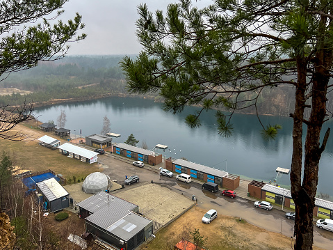 Park Grodek in Jaworzno in Poland during rainy weather, i.e. Polish Maldives (developed area of former quarries). Diver Training Center.