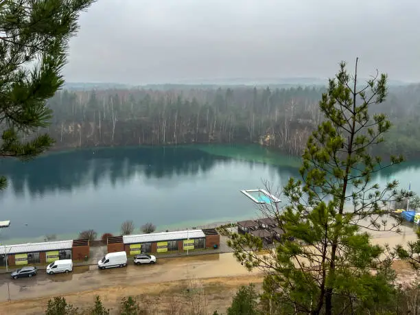 Photo of Park Grodek in Jaworzno in Poland during rainy weather, i.e. Polish Maldives (developed area of former quarries).