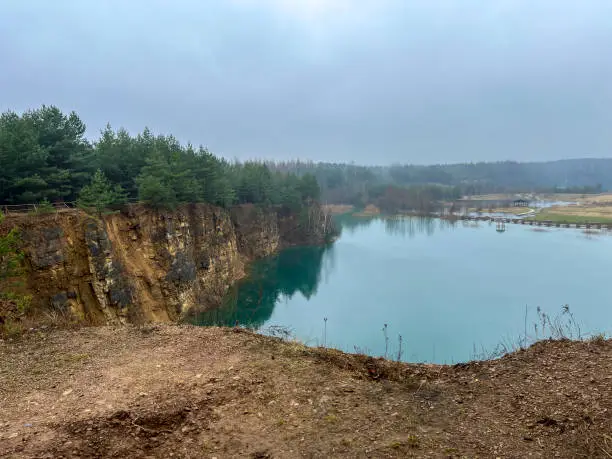 Photo of Park Grodek in Jaworzno in Poland during rainy weather, i.e. Polish Maldives (developed area of former quarries).