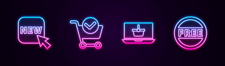 Set line Button with text New, Shopping cart check mark, basket laptop and Price tag Free. Glowing neon icon. Vector.