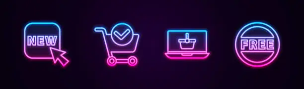 Vector illustration of Set line Button with text New, Shopping cart check mark, basket laptop and Price tag Free. Glowing neon icon. Vector