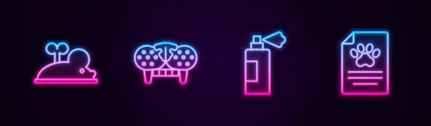 Vector illustration of Set line Clockwork mouse, Cat tooth, Pet shampoo and Clinical record pet. Glowing neon icon. Vector