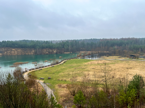 Park Grodek in Jaworzno in Poland during rainy weather, i.e. Polish Maldives (developed area of former quarries). Diver Training Center.