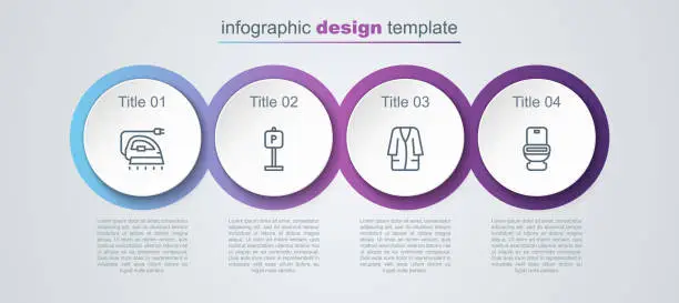 Vector illustration of Set line Electric iron, Parking, Bathrobe and Toilet bowl. Business infographic template. Vector