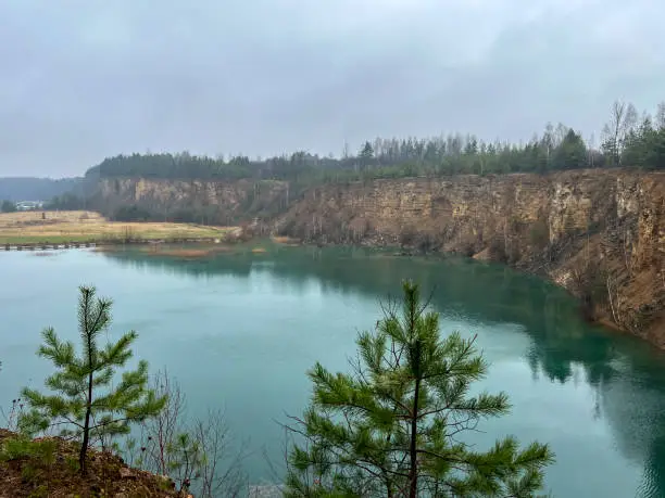 Photo of Park Grodek in Jaworzno in Poland during rainy weather, i.e. Polish Maldives (developed area of former quarries).