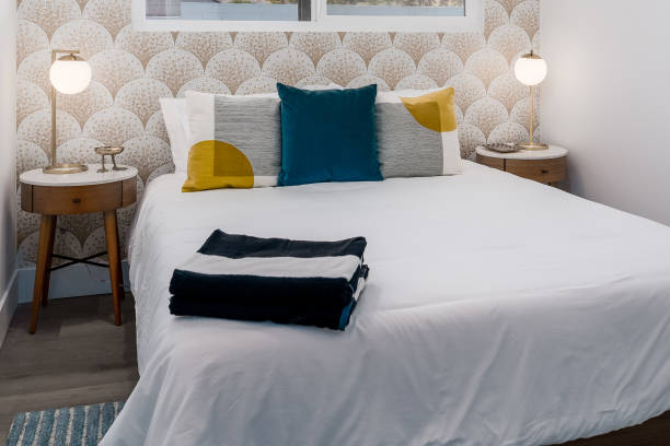 istock Modern bedroom with scale mosaic tile wallpaper 2143596783
