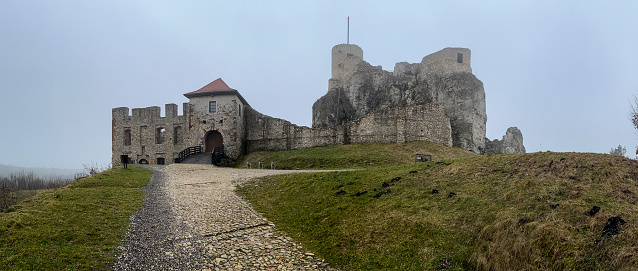 Szymbark, Poland - August 16,2020:Panoramic view of fourteenth-century castle in the village of Szymbark built by the Pomesanian chapter. It was burnt down in 1946 by the Red Army and has been in ruins ever since