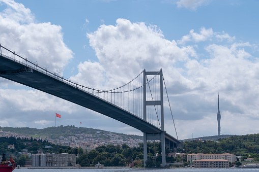 Bosporus Bridge or Martyrs Bridge, seen from the Bosphorus with the Camlica Telecommunications Tower in the background, suspension or hanging bridge connecting Asia with Europe, Istanbul, Turkey, horizontal