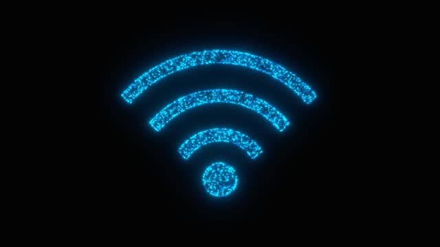 Blue neon rotating wifi icon hologram loop animation on black background