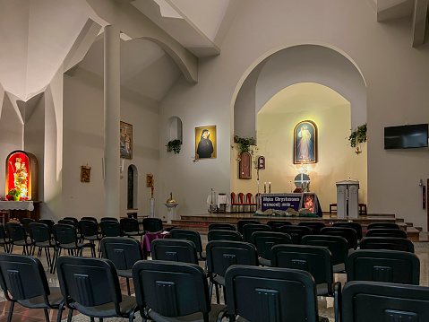Czestochowa, Poland, February 15, 2024: Church of Saint Faustina in Czestochowa, Poland. View of the interior in the evening.
