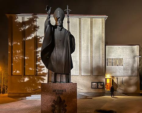 Czestochowa, Poland, February 29, 2024: Church of Divine Providence in Czestochowa, night view. Monument to Saint Pope John Paul II.