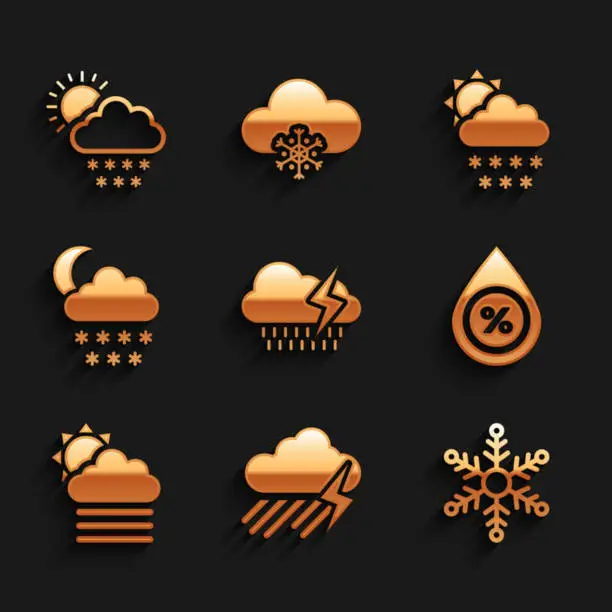 Vector illustration of Set Cloud with rain and lightning, Snowflake, Water drop percentage, Fog cloud sun and snow moon icon. Vector