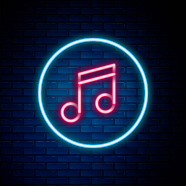Glowing neon line Music note, tone icon isolated on brick wall background. Colorful outline concept. Vector Glowing neon line Music note, tone icon isolated on brick wall background. Colorful outline concept. Vector. neon music notes stock illustrations