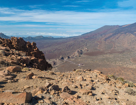 View on Los Roques de Garcia rock formation and slope of colorful volcano Pico del Teide from from top of Alto de Guajara mountain, blue sky, white clouds. Tenerife Canary island.