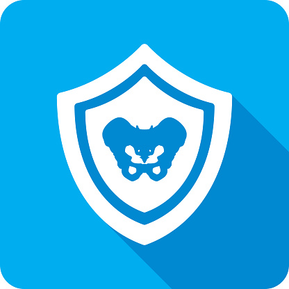 Vector illustration of a shield with hip bone icon against a blue background in flat style.