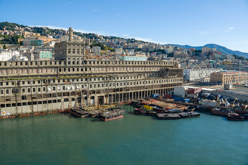 Genoa in Liguria Italy on October 30, 2024 Abandoned port warehouse Silos Granari building.