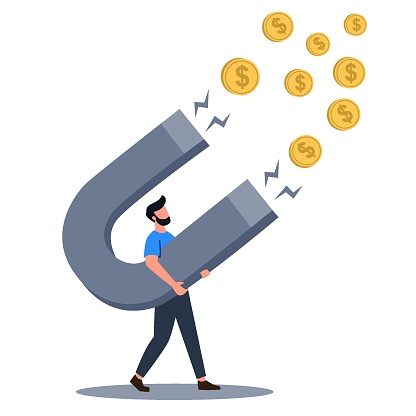 Flat vector illustration. Man big magnet attracts money, concept of big earnings