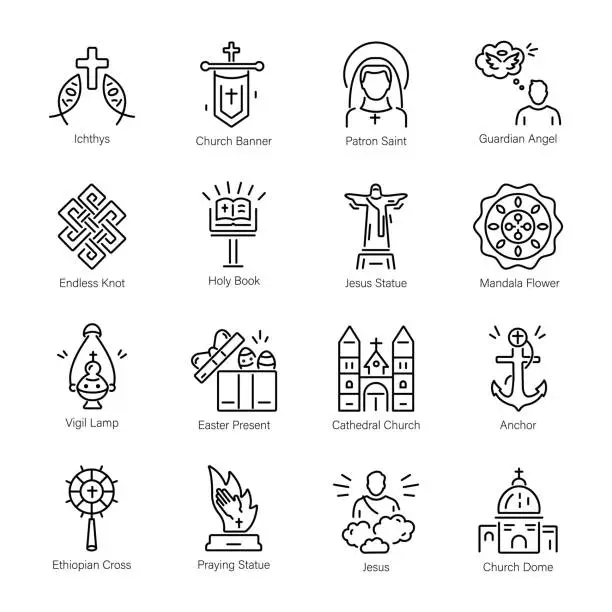 Vector illustration of Collection of Christian Faith Linear Icons