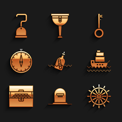 Set Bottle with message in water Tombstone RIP written Ship steering wheel Antique treasure chest Compass Pirate key and hook icon. Vector.