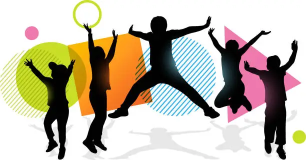 Vector illustration of Vector illustration silhouettes of happy jumping children.