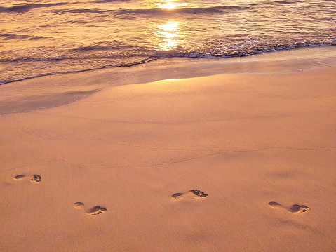 Footprints in the sand in front of a wave at sunset at the ocean
