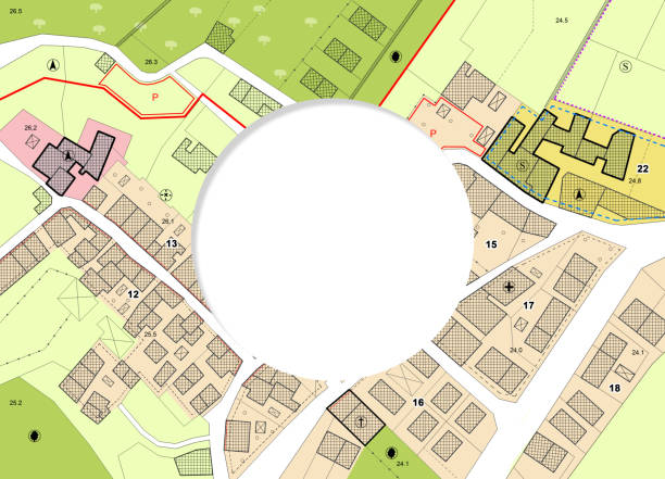 istock Imaginary Cadastral map and General Urban Plan - Copyspace concept - Zoning regulations with zoning districts, urban destinations, land use, buildable areas and land plot 2143754185
