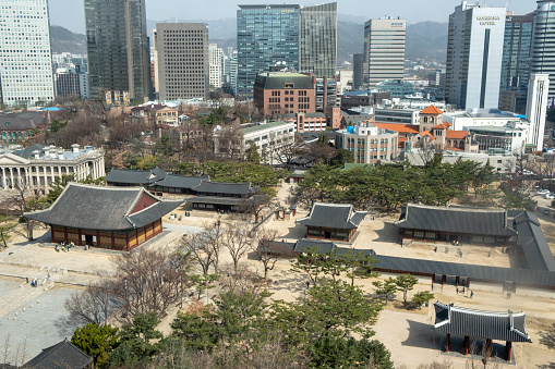 Seoul, South Korea - 17 March 2024: Aerial view of Deoksugung Palace in winter. It is one of the Five Grand Palaces built by the kings of the Joseon dynasty and designated as a Historic Site