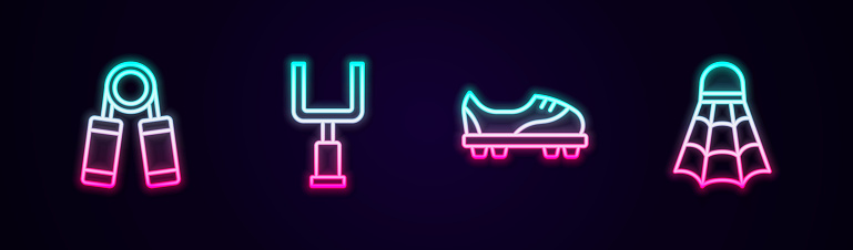 Set line Sport expander American football goal post Football shoes and Badminton shuttlecock. Glowing neon icon. Vector.