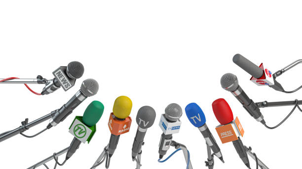 istock Microphones of different mass media isolated on white. Press conference or interview concept. 2143831632