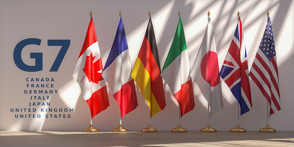 G7 summit or meeting concept. Row from flags of members of G7 group of seven and list of countries. 3d illustration