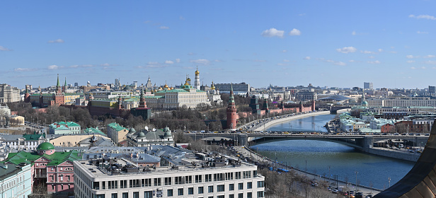 Spring panorama of the Moscow Kremlin. Panoramic photo of the historical center of the Russian capital.