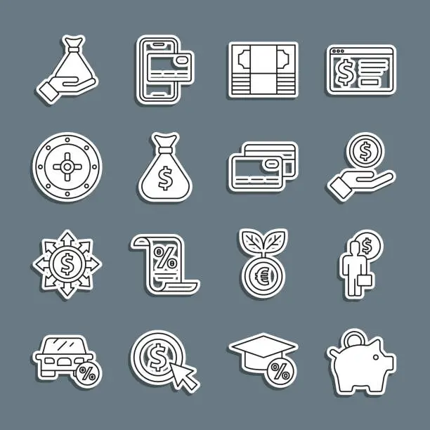 Vector illustration of Set line Piggy bank, Business man planning mind, Hand giving money, Stacks paper cash, Money bag, Safe, hand and Credit card icon. Vector