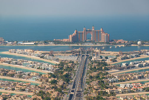 Dubai, United Arab Emirates - November 8, 2023: A picture of the Palm Jumeirah and the Atlantis, The Palm Hotel.