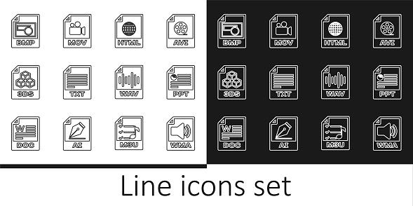 Set line WMA file document PPT HTML TXT 3DS BMP WAV and MOV icon. Vector.