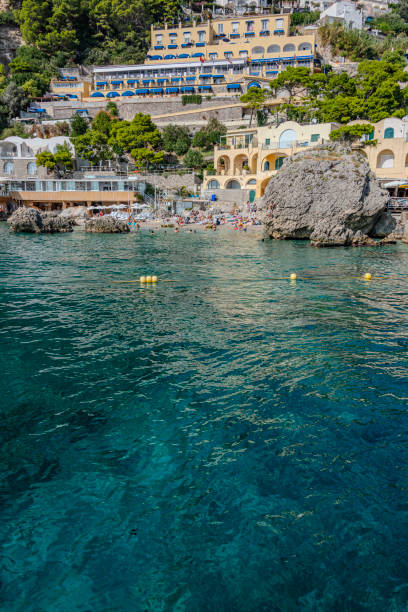A stunning panoramic view of the Mediterranean Sea from the mountainous terrain along Italy’s Amalfi Coast.