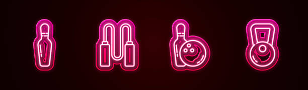 istock Set line Bowling pin, Jump rope, and ball and Kettlebell. Glowing neon icon. Vector 2143996081