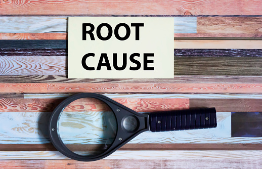 Root cause note text on sticker and vintage background with magnifying glass
