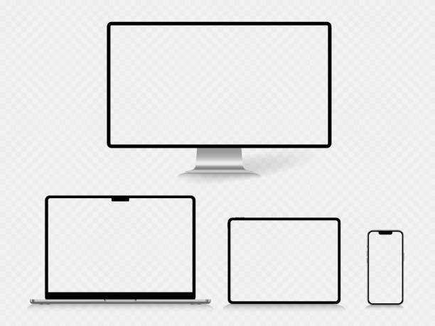 Set of smart devices with blank screen isolated on transparency grid layer Set of smart devices with blank screen: smartphone, tablet, laptop and desktop. Isolated on transparency grid layer computer monitor stock illustrations