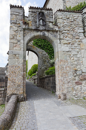Rapperswil, Switzerland - May 10, 2016: Gate leading to the castle grounds. This gate is part of the walls of the thirteenth century castle.