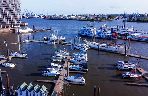 Harbour Niderhafen in Hamburg   on  Norderelbe (Elbe river) - aerial view from drone