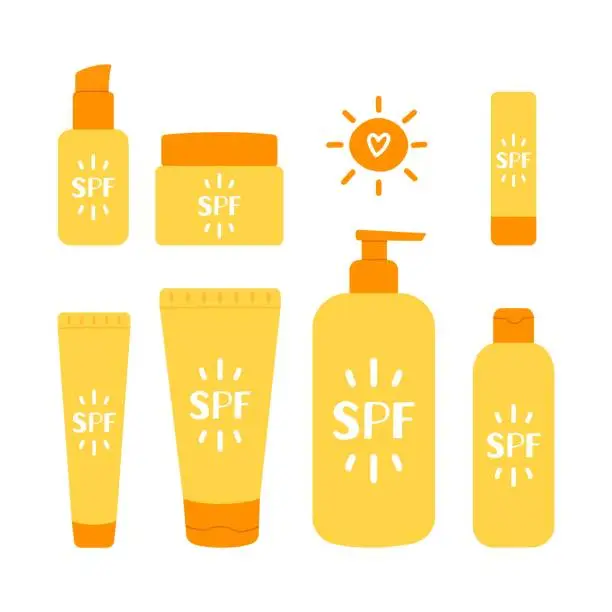 Vector illustration of Set of sunscreen products flat vector isolated illustration. Various cosmetics for sun protection.