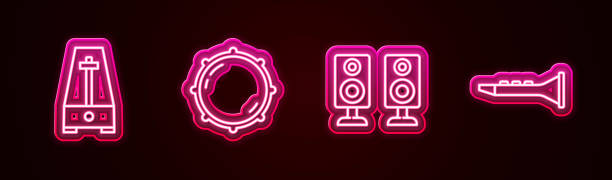 istock Set line Metronome with pendulum, Dial knob level, Stereo speaker and Clarinet. Glowing neon icon. Vector 2144101500