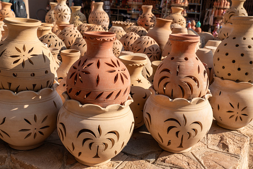 Ceramics for sale at traditional souk. City Nizwa, Sultanate of Oman.