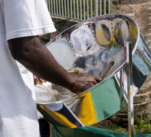 Musician plays a steel drum. These musicians are referred to as pannists.