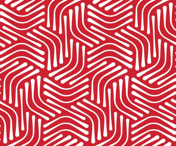 Vector illustration of Seamless geometric pattern with striped white hexagons on a red color background. Modern style.