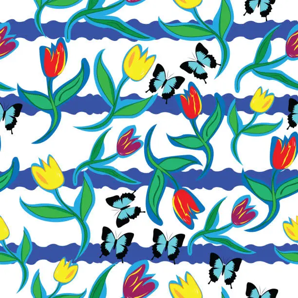 Vector illustration of Colorful tulips with contour and butterflies seamless