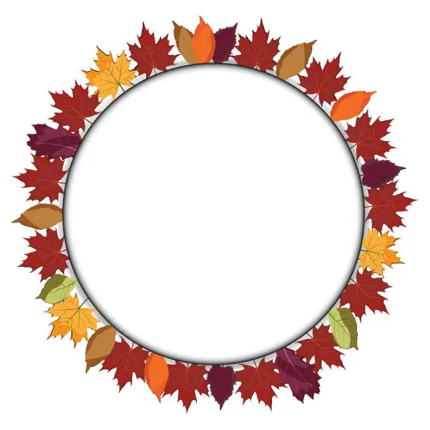 Vector illustration of round paper cut copyspace with colorful leaves border